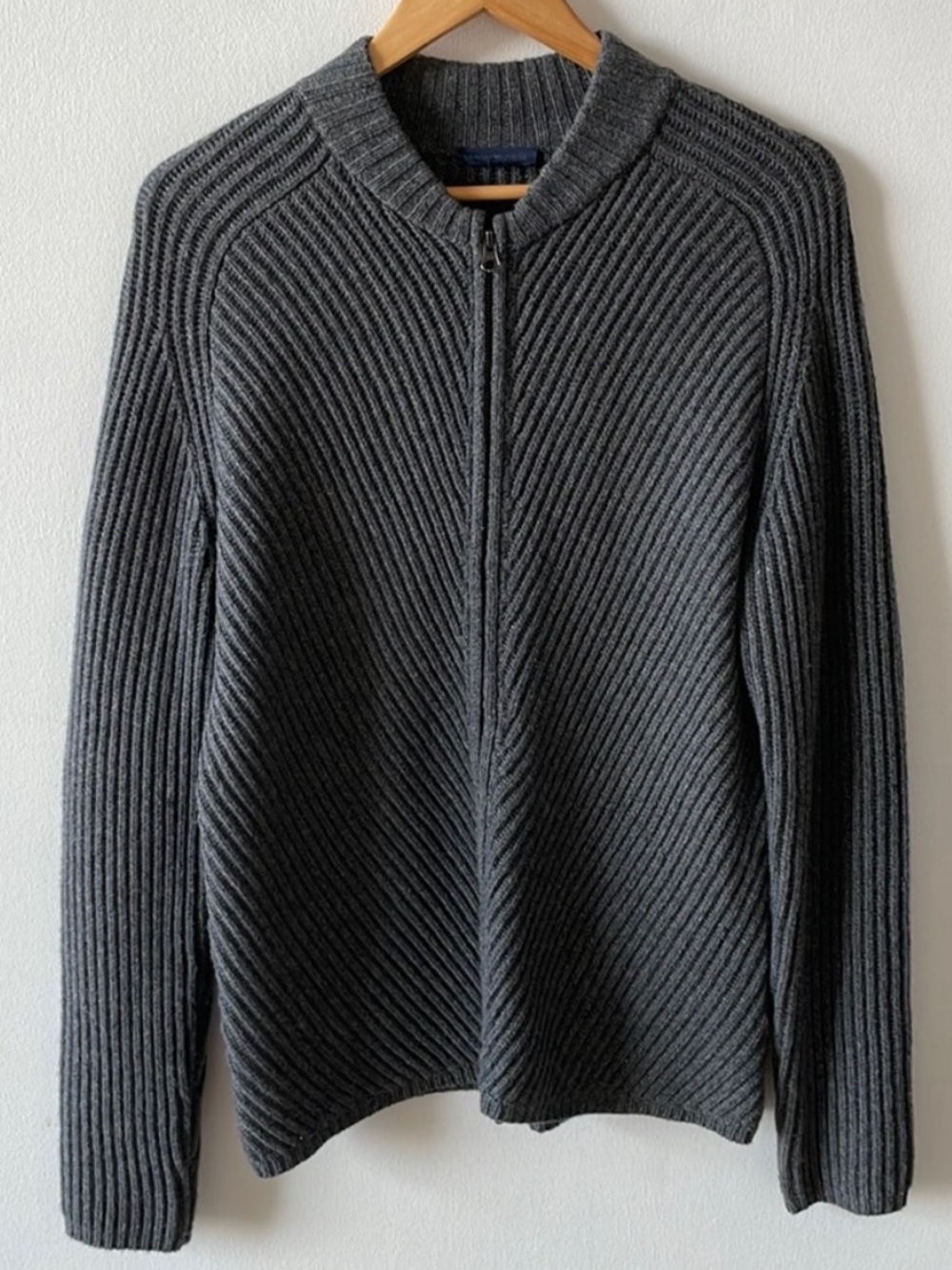 Zachary Prell charcoal gray wool cashmere blend ribbed full zip sweater jacket